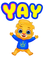a cartoon lion wearing a blue shirt with a crown on it is standing in front of the word yay
