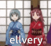 a group of anime girls are standing in front of a window and the word elvery is on the bottom