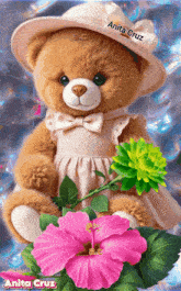 a teddy bear wearing a hat and a dress is surrounded by flowers by anita cruz