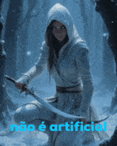 a painting of a woman with a sword and the words não e artificial