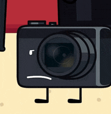 a cartoon drawing of a camera with legs and a sad face