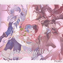 a couple of anime characters standing next to each other with the words astro & willow written on the bottom