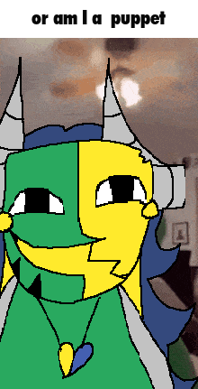 a drawing of a dragon with horns and the words or am ia puppet below it
