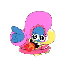 a cartoon character with big eyes and a long tongue pointing at something