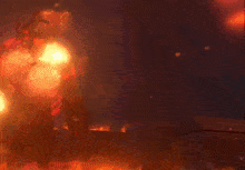 a painting of a city on fire with a few buildings in the foreground