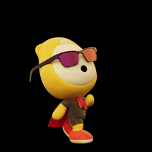 a cartoon character wearing sunglasses and a cape with the word fun behind him