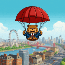 a cartoon of a teddy bear flying through the air with a red parachute