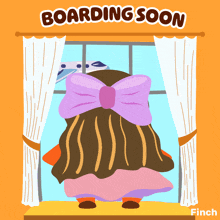 a cartoon of a girl with a purple bow looking out a window with the words boarding soon above her