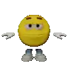 a yellow smiley face with arms and legs is standing with his arms outstretched .
