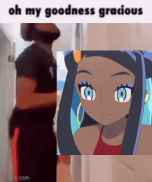 a man with a beard is standing next to a picture of a girl with blue eyes