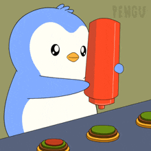 a penguin is pouring ketchup on a bun with the word pengu on the bottom
