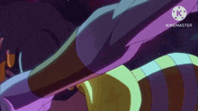a cartoon character is standing in a dark room with a purple and yellow background .