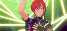 a red haired anime character is standing in front of a green background with a lightning bolt on his chest .
