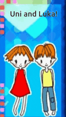 a boy and a girl standing next to each other with the words uni and luka