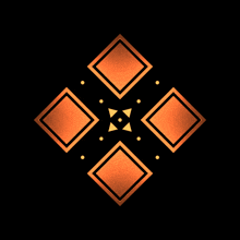 a black background with four orange squares and a yellow circle in the middle