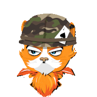 a cartoon cat wearing a camouflage hat with a spade on it