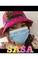 a girl wearing a pink hat and a blue face mask with the word sasa written below her