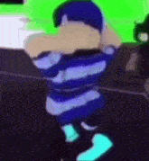 a cartoon character is standing in front of a green screen .