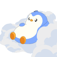 a blue and white penguin with orange feet is sitting in the clouds