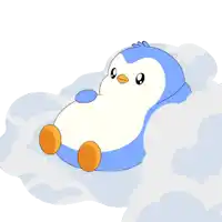a blue and white penguin with orange feet is sitting in the clouds