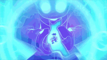 a cartoon character is being held in a purple glowing hand