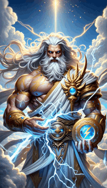 a painting of a bearded god with lightning coming out of his hand