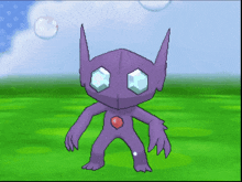 a purple monster with diamonds in its eyes is standing in a field