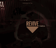 the word revive is on a white triangle