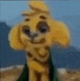 a blurry picture of a yellow dog with a green jacket on standing in the desert .