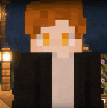 a minecraft character with red hair and yellow eyes wearing a black jacket