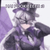 a blurred image of a girl in a purple suit and top hat .
