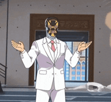 a man wearing a mask and a white suit
