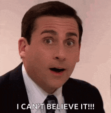a man in a suit and tie is making a surprised face and says `` i can 't believe it ! ''