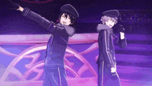 two anime characters are dancing together on a stage .