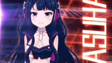 a girl with headphones is standing in front of a sign that says " ashiha "
