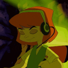 a cartoon character wearing headphones and a green vest