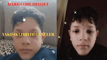 a boy laying on a bed with the words hard core dehset written above him