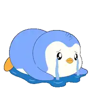 a cartoon penguin is laying on the ground crying