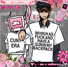 a man wearing a shirt that says imhighas fuck and have a gun in my backpack