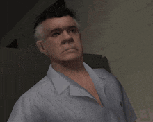 a man in a white shirt is standing in a room