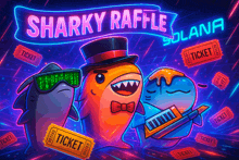 a poster for the sharky raffle shows sharks and ticket tickets