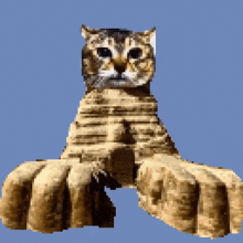 a pixelated image of a cat with large paws against a blue sky
