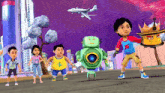 a group of cartoon characters are standing in front of a city with a plane in the background