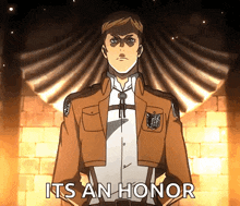 a man in a brown jacket stands in front of a brick wall with the words " it 's an honor " written below him