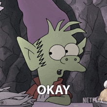a cartoon character with a purple hat and the word okay