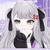 a girl with gray hair and green eyes has a red flame on her forehead