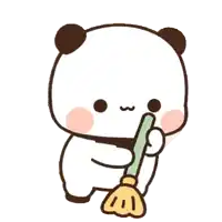 a cartoon panda bear is holding a broom in his hands .