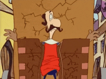 a cartoon of a man with a mustache standing in a box