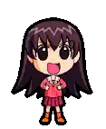 a cartoon girl with long purple hair is wearing a red sweater and a skirt .