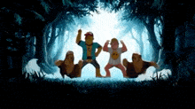 a group of cartoon characters are dancing in a dark forest